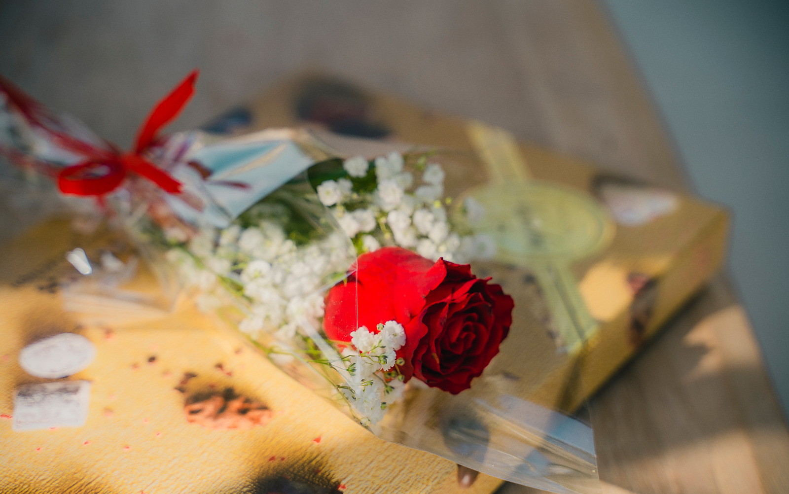 A single rose, wrapped, waiting on board