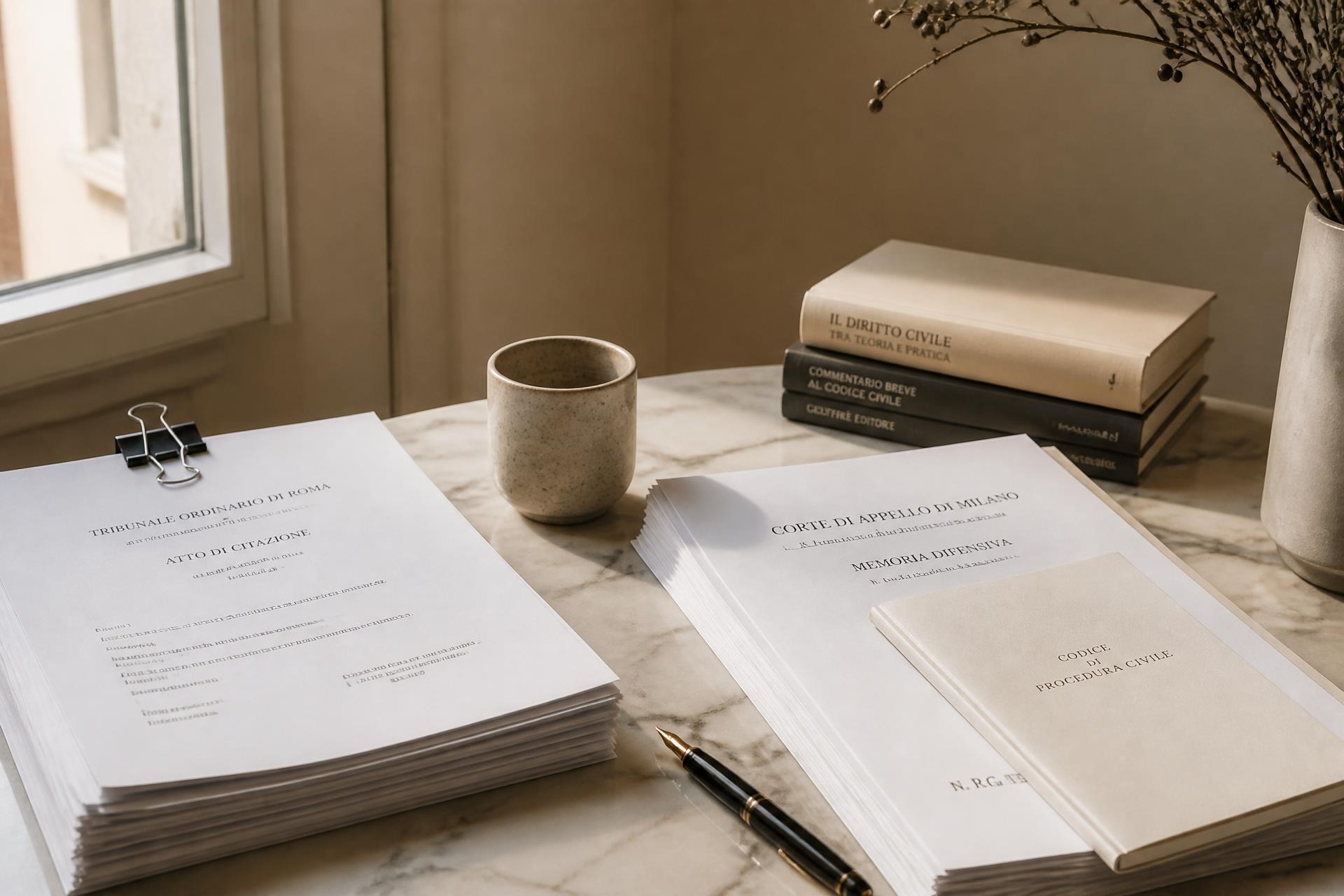 Italian legal documents, a pen and a ceramic cup arranged on a marble desk