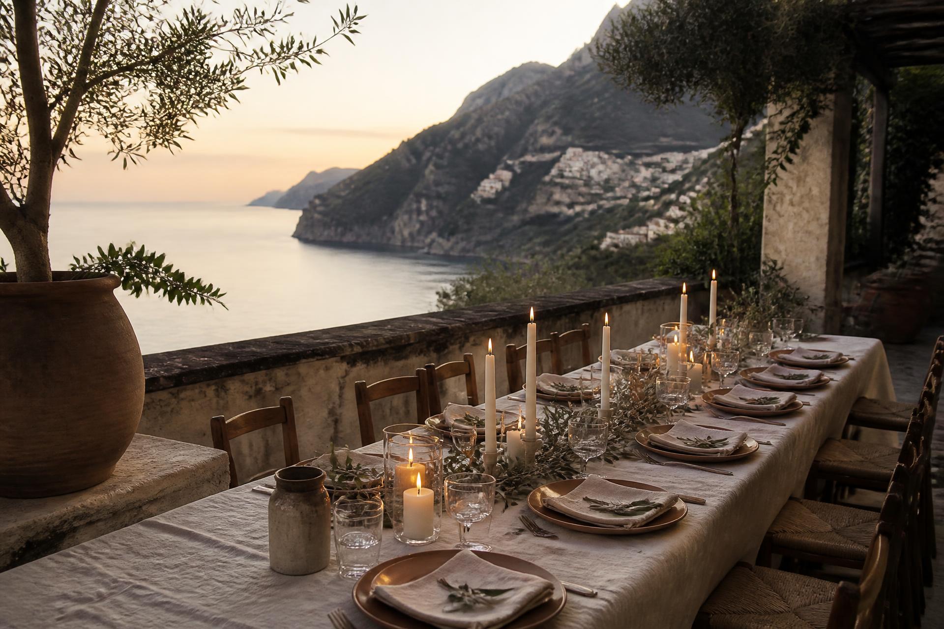 A long candlelit dinner table on a terrace overlooking the Amalfi Coast at dusk