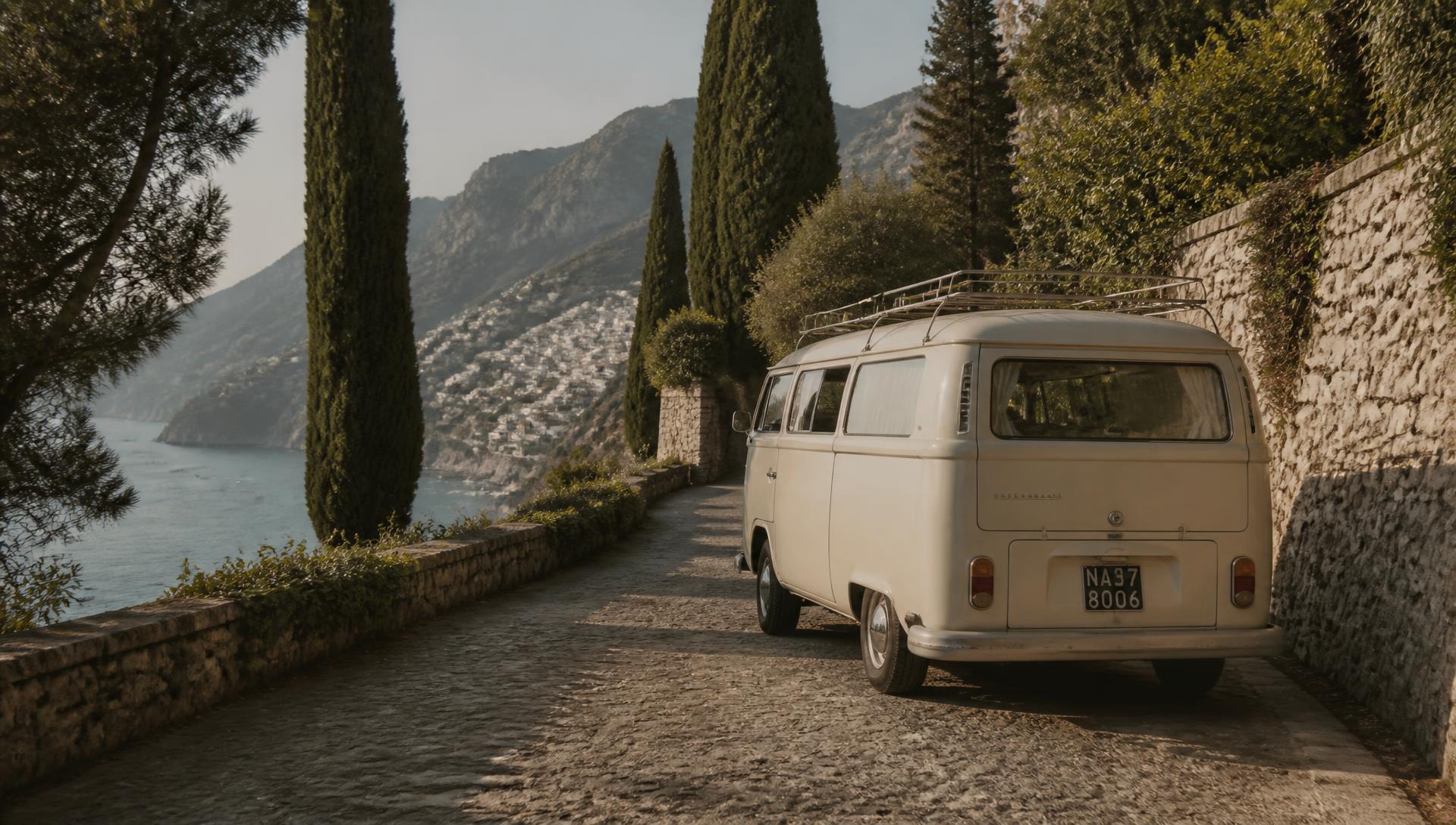 A vintage cream van on a cobblestone coastal road above the sea