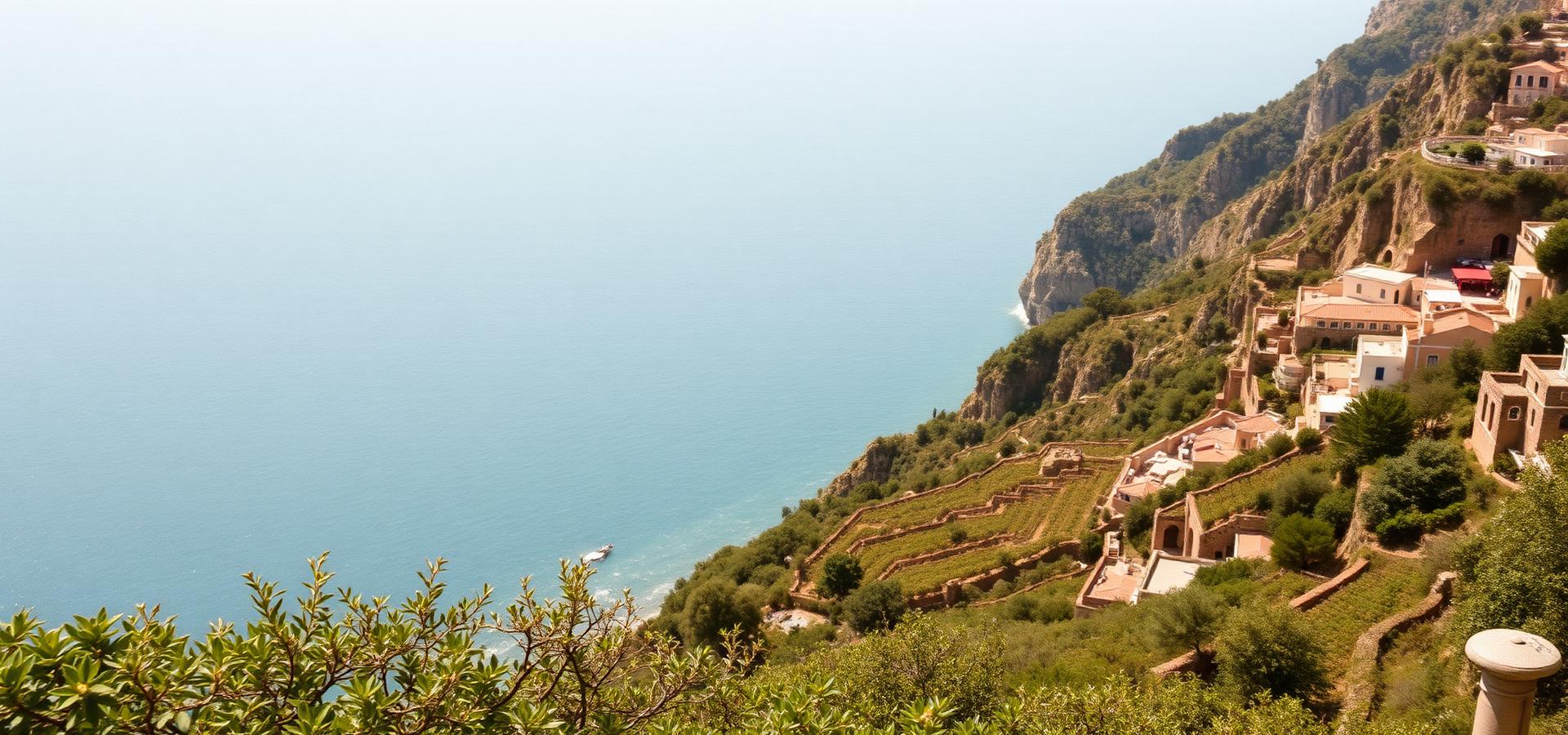 The Amalfi Coast cliffs and terraced groves seen from above