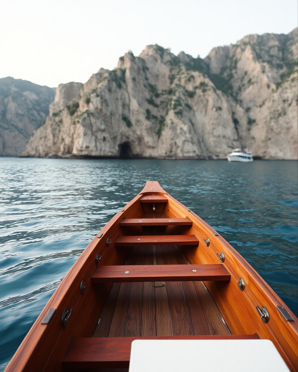 A wooden gozzo boat moored in clear water below the Amalfi Coast cliffs