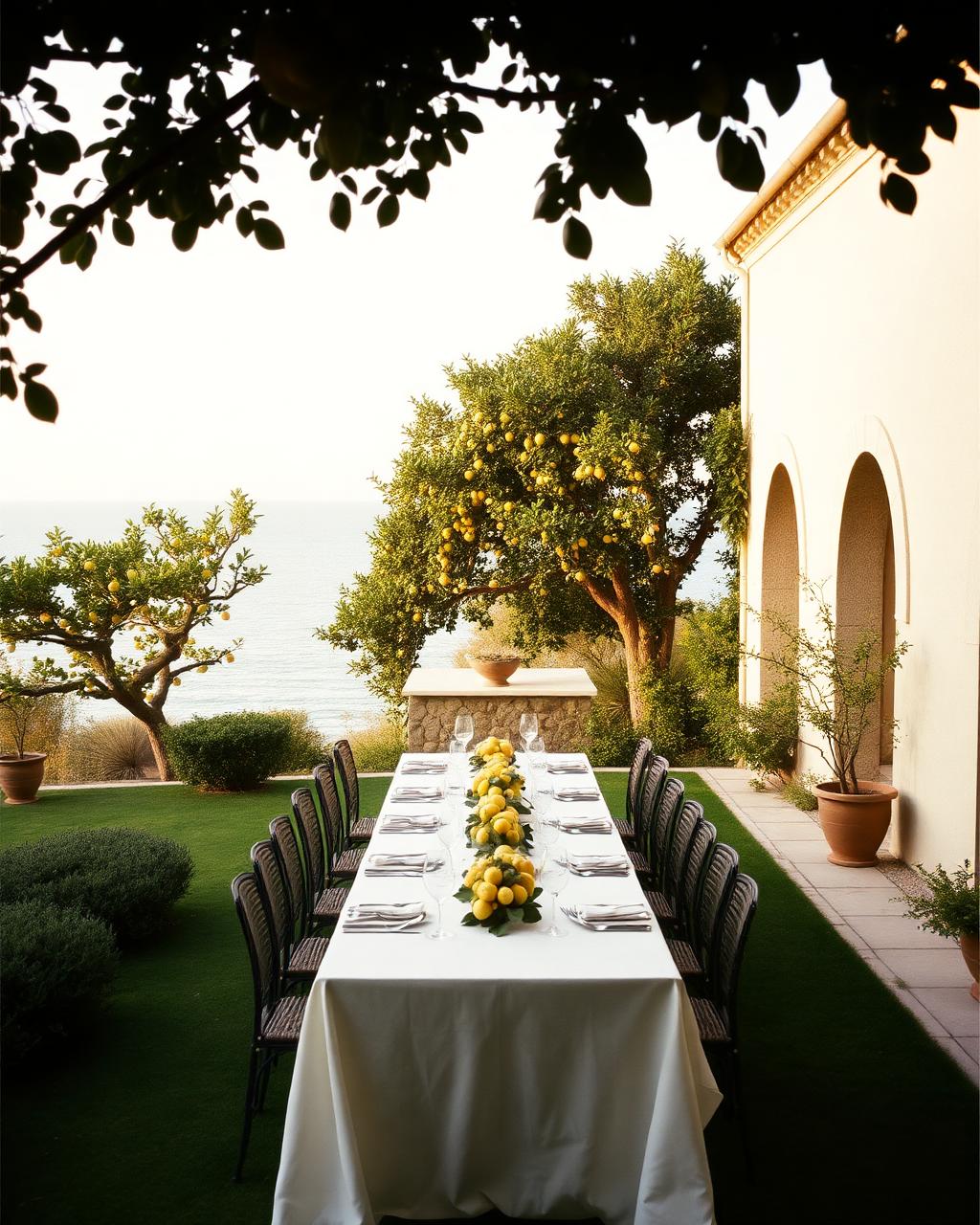The pergola terrace at Villa Mariella laid for dinner, the sea behind it