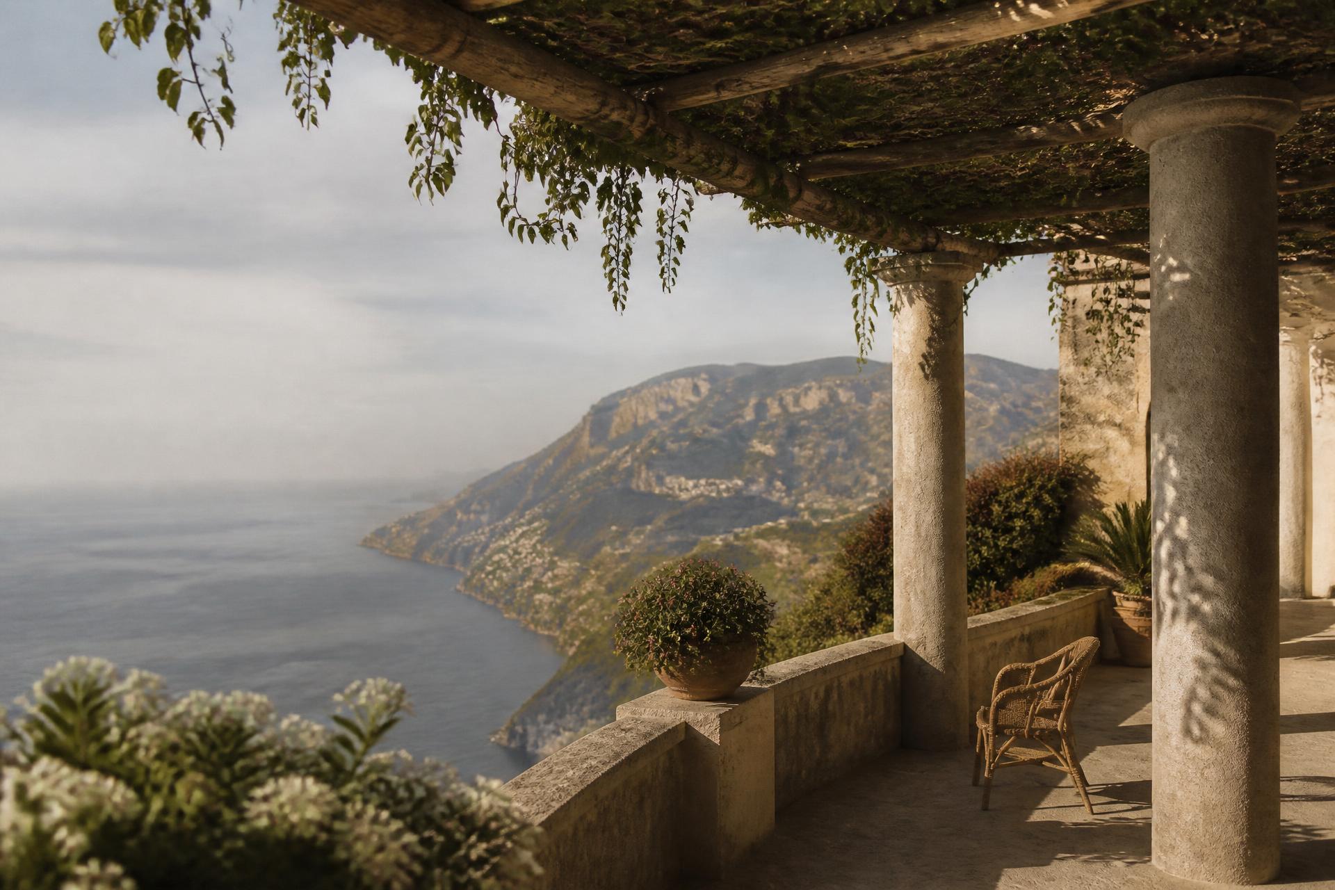 A pergola terrace in Ravello looking out over the Amalfi Coast at late afternoon