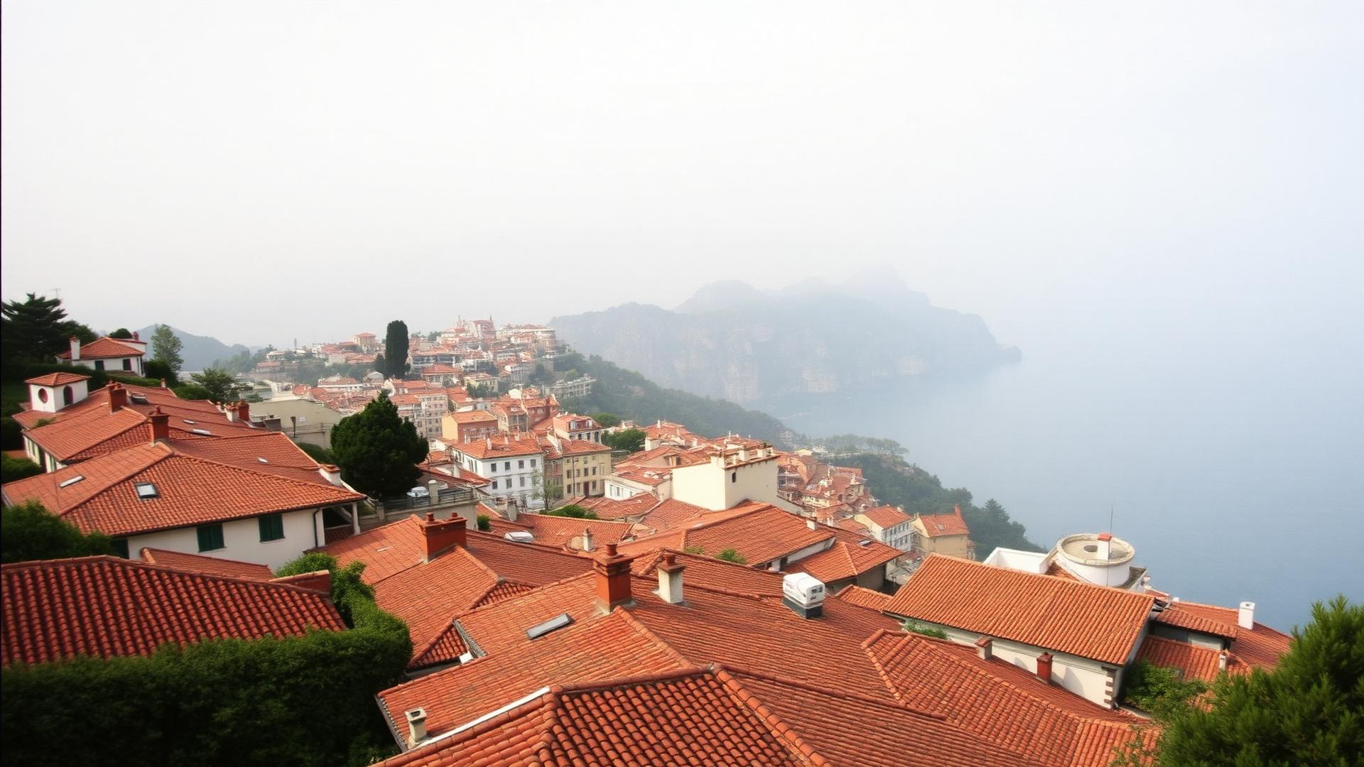 Ravello rooftops and the Amalfi Coast seen from a garden belvedere