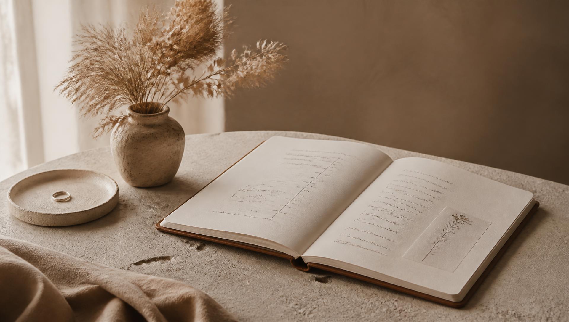 A wedding planner's notebook and dried flowers on a limestone table