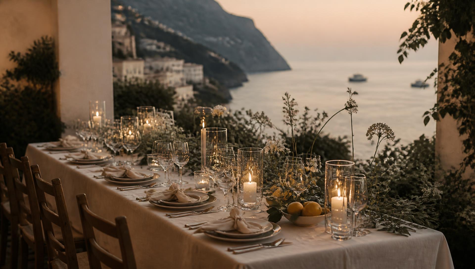 A candlelit dinner table on a coastal terrace at dusk