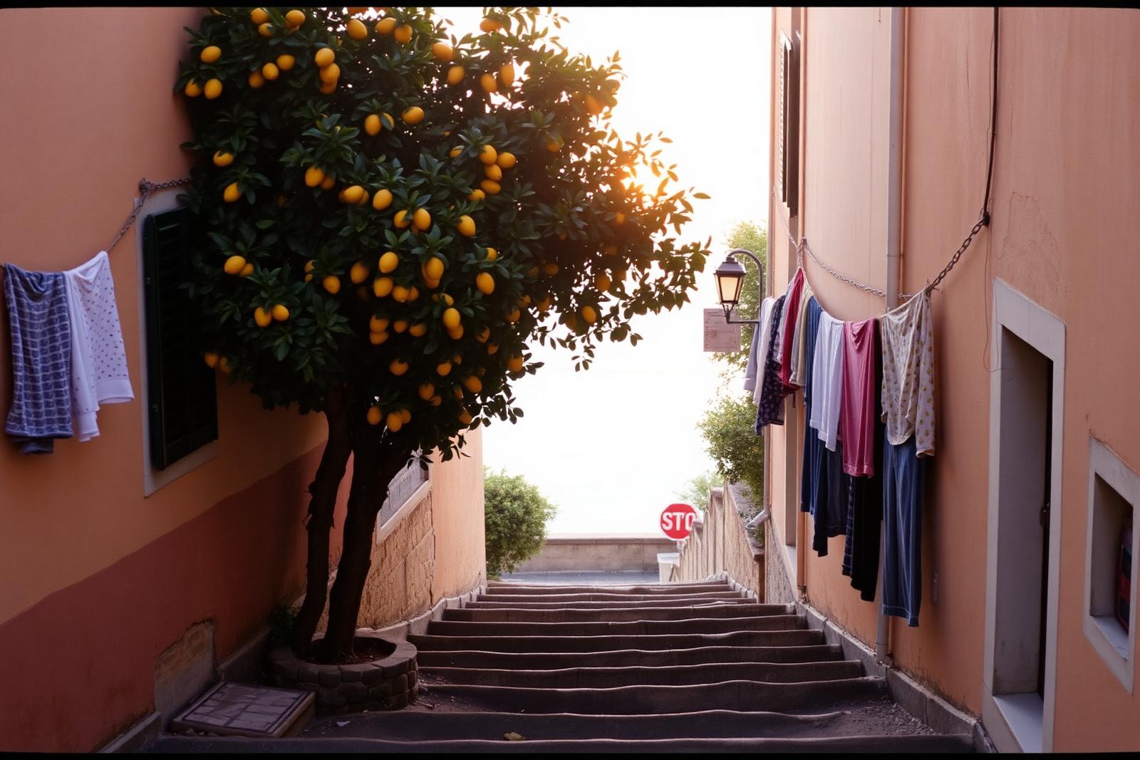 A quiet Amalfi Coast lane at dawn with lemon trees and worn stone steps