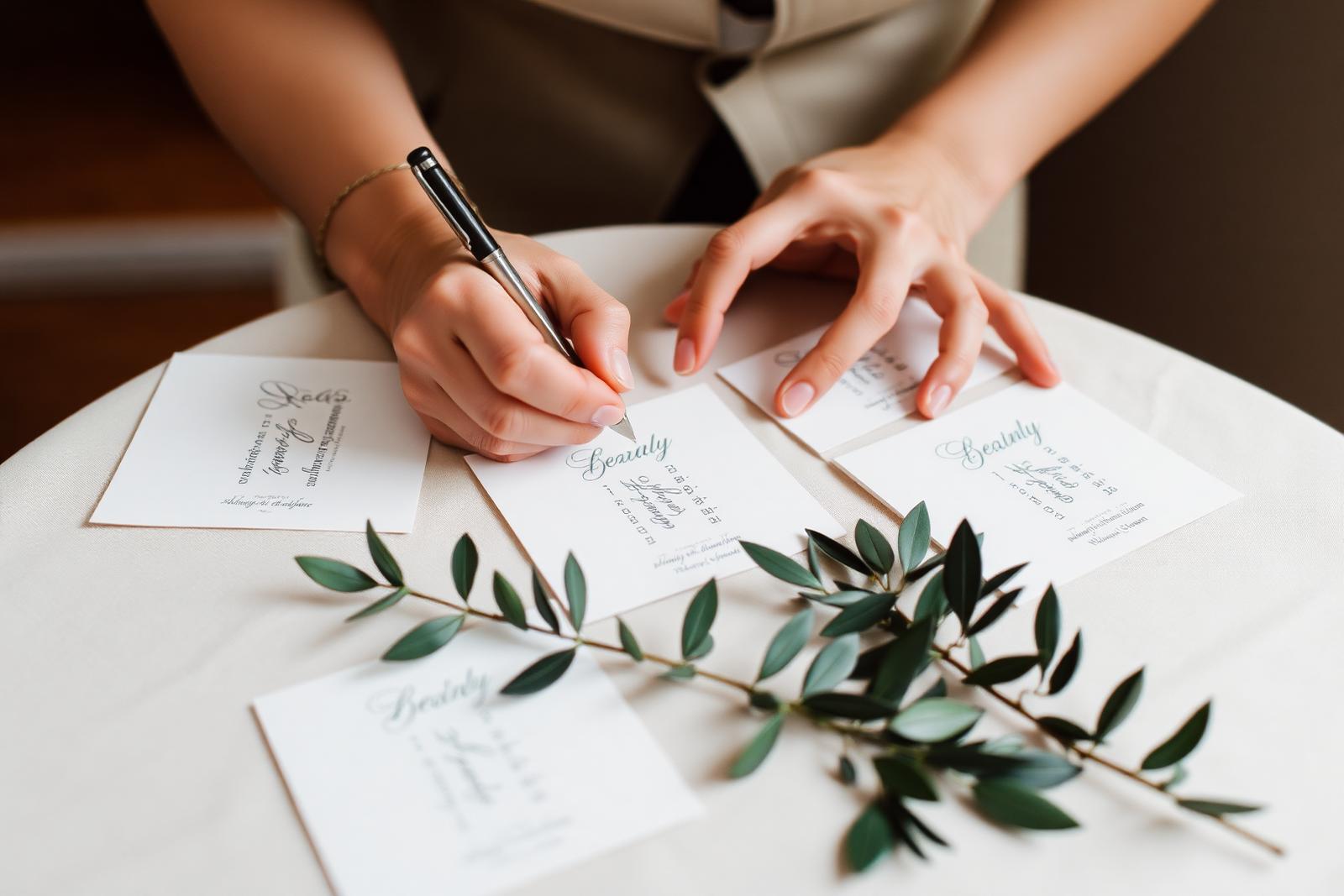 Place cards being written by hand on a linen tablecloth