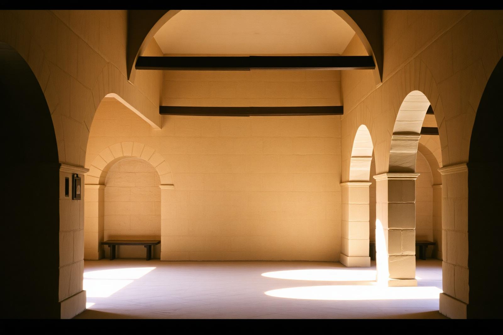 A cool stone cloister with arches and shafts of afternoon light