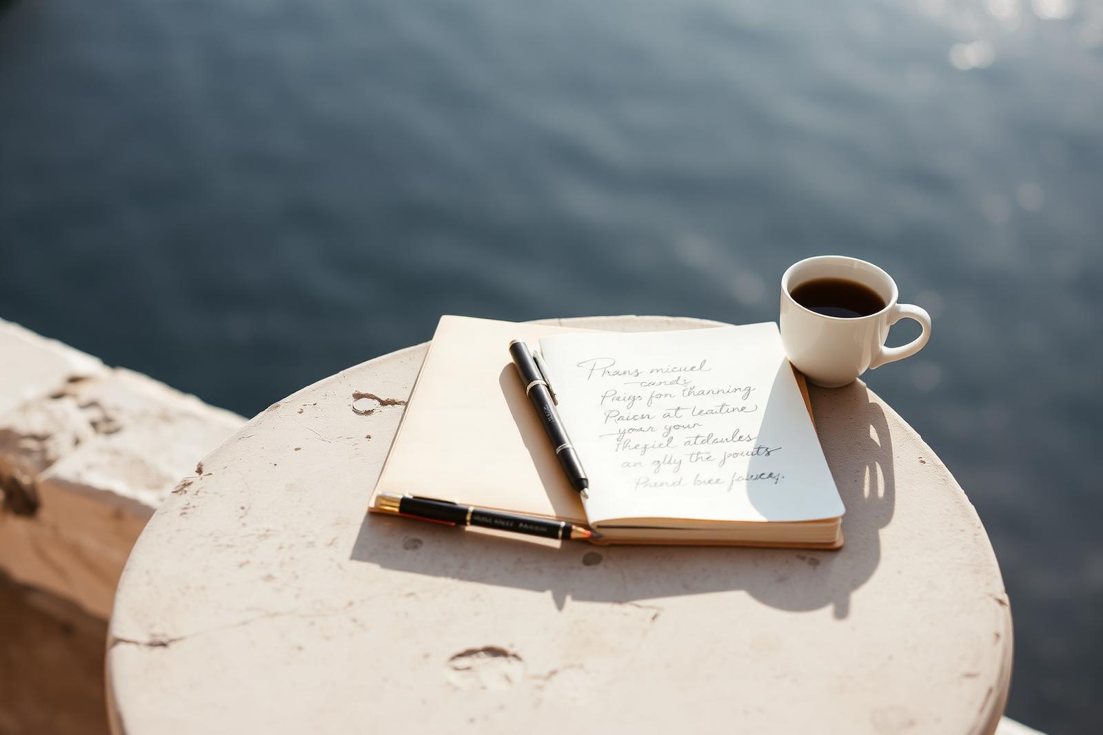 A planning notebook and espresso on a stone table above the sea