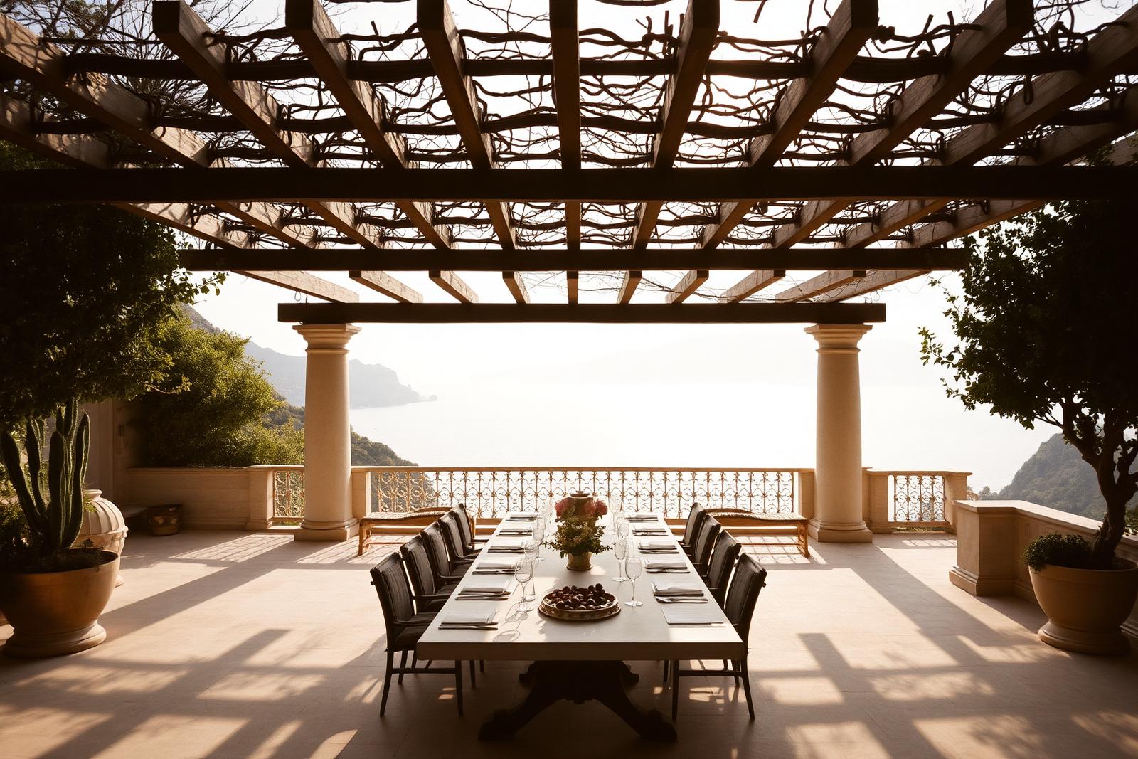 A pergola-covered terrace in Ravello set for dinner above the sea